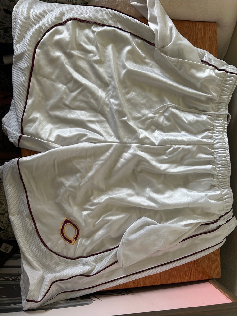White Athletic Shorts with Maroon Piping — Men's Performance Basketball Shorts